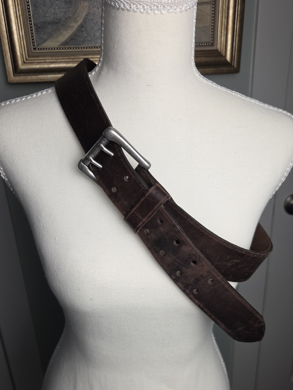 Y2k Old Navy Brown Double-Prong Leather Belt with Silver Buckle Size Medium